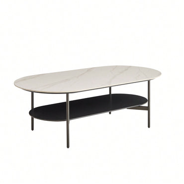 Elegant Ceramic Coffee Table With Walnut Finish Bottom Shelf And Metal Frame For Living Room And Office, Modern Design, Easy Assembly