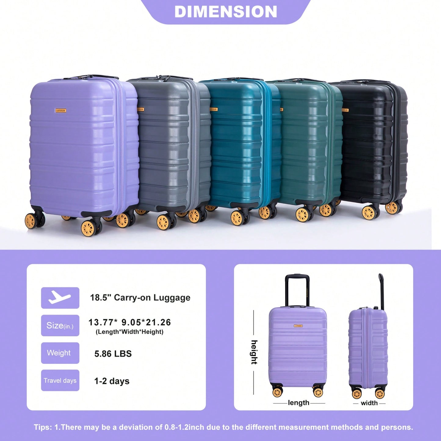TSA Approved 18.5" Hard Shell Carry On Suitcase With 360° Spinner Wheels And Adjustable Pull Rod - Ideal For Business Travel