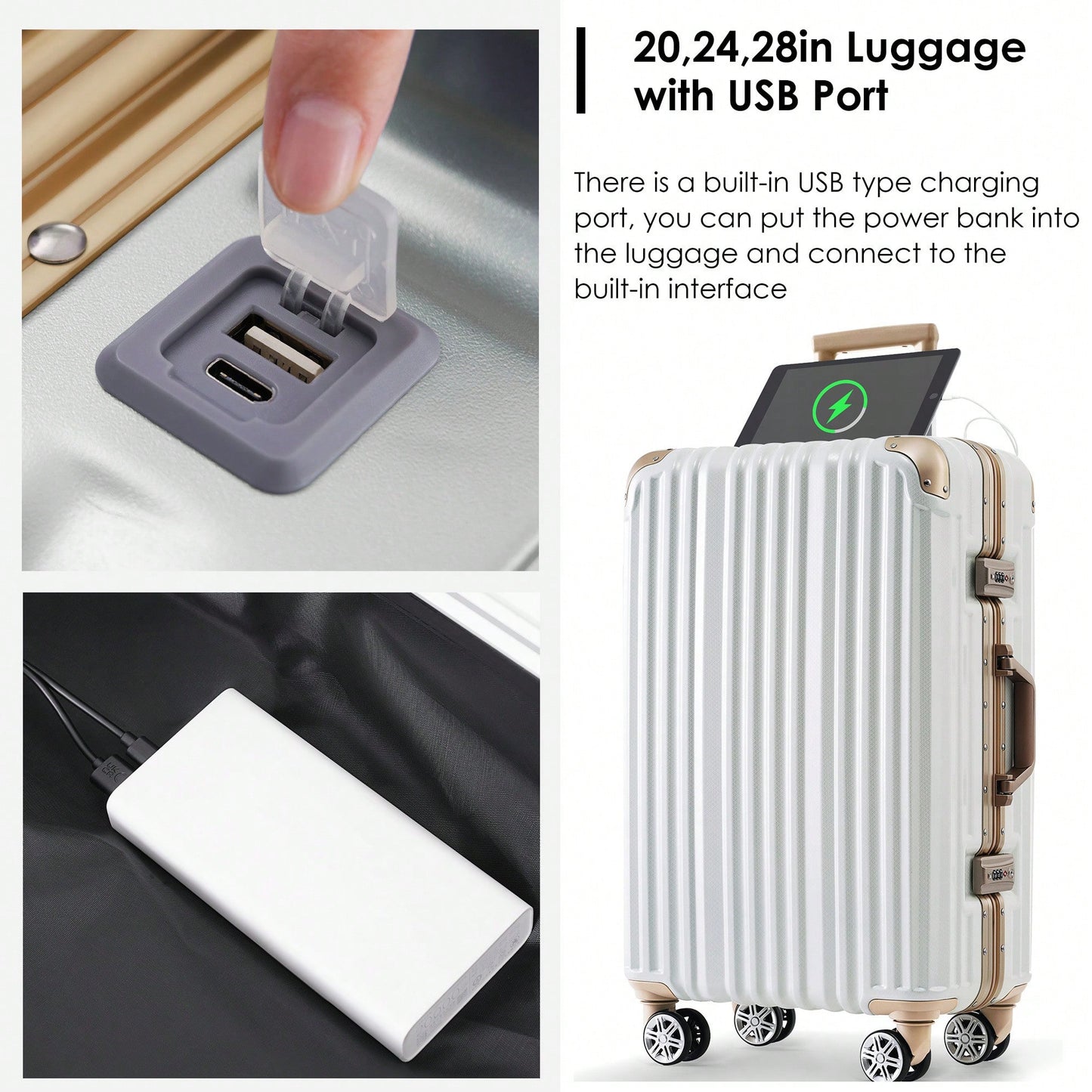 24in Aluminum Frame Carry-On Luggage With USB Port Spinner Wheels TSA Lock Travel Trolley Case For Business Trips And Beach Holidays