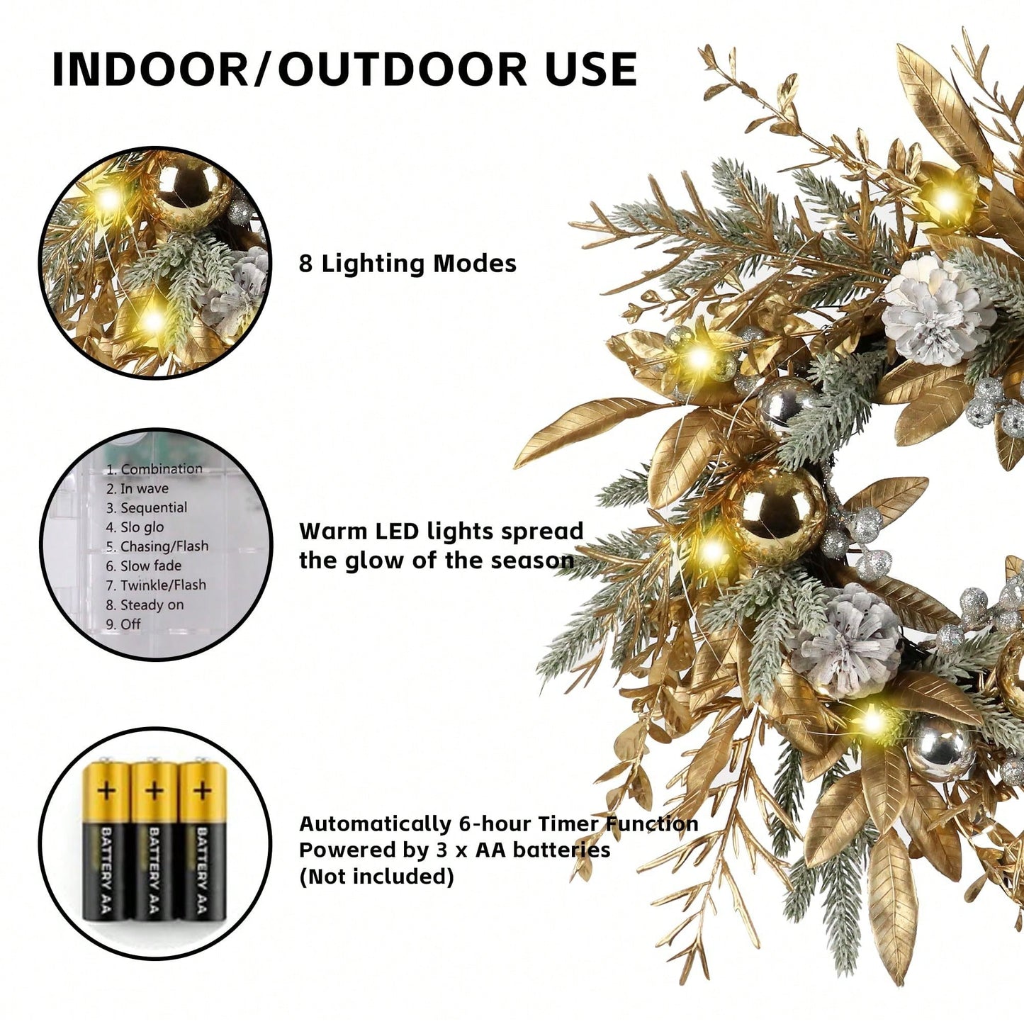 20 Inch Christmas Wreath With Warm LED Lights And 8 Lighting Modes For Holiday Door And Home Decorations