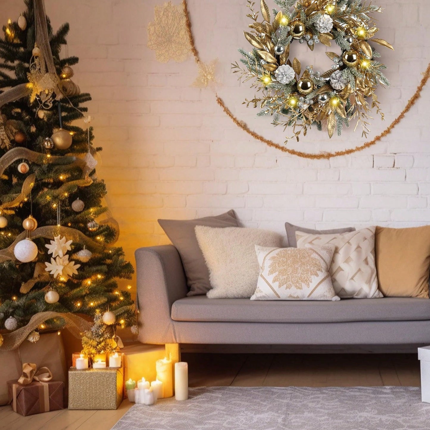 20 Inch Christmas Wreath With Warm LED Lights And 8 Lighting Modes For Holiday Door And Home Decorations