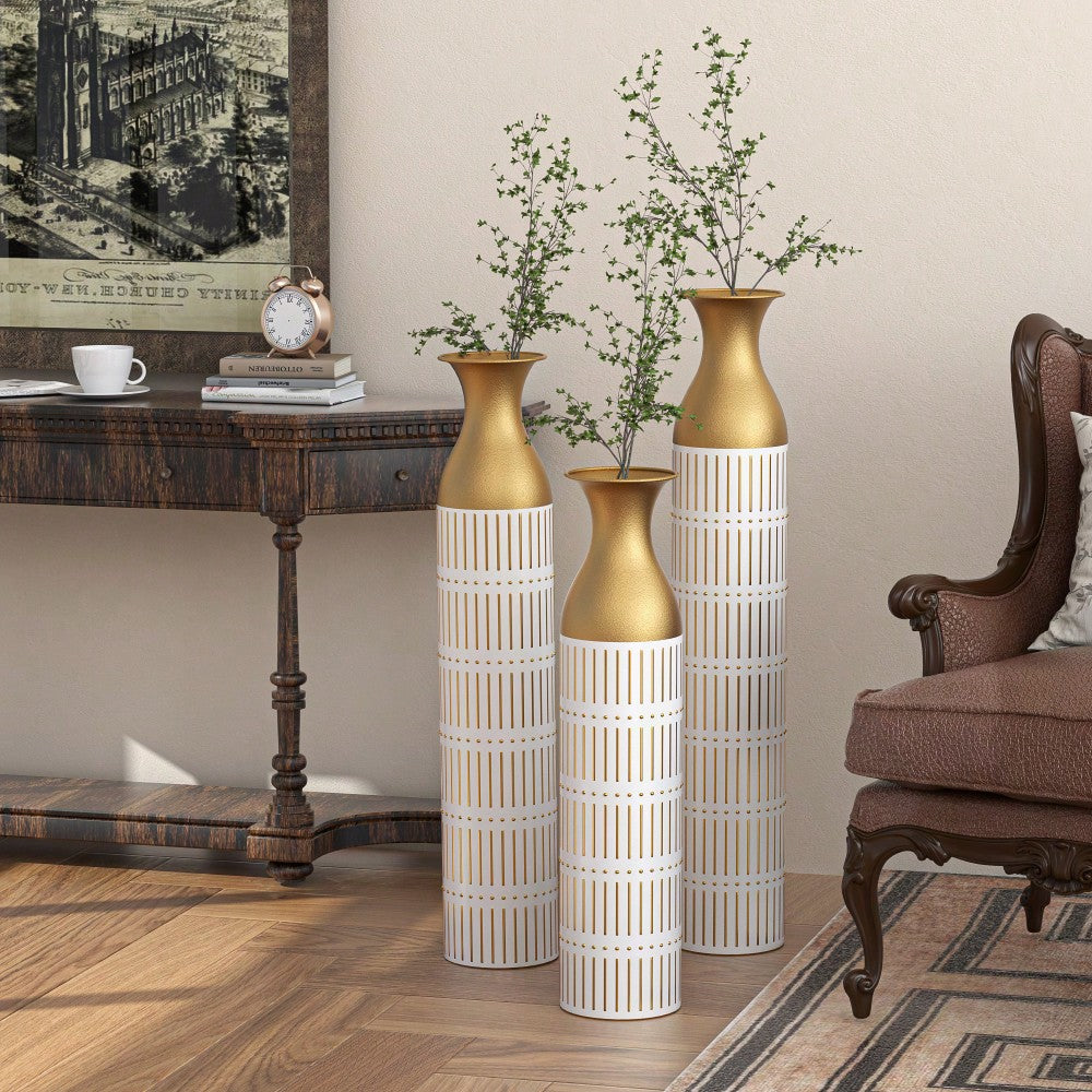 Elegant Set Of 3 Tall White Metal Vases With Gold Accents For Glamorous Home Decor - 24in, 28.7in, 33.5in Height