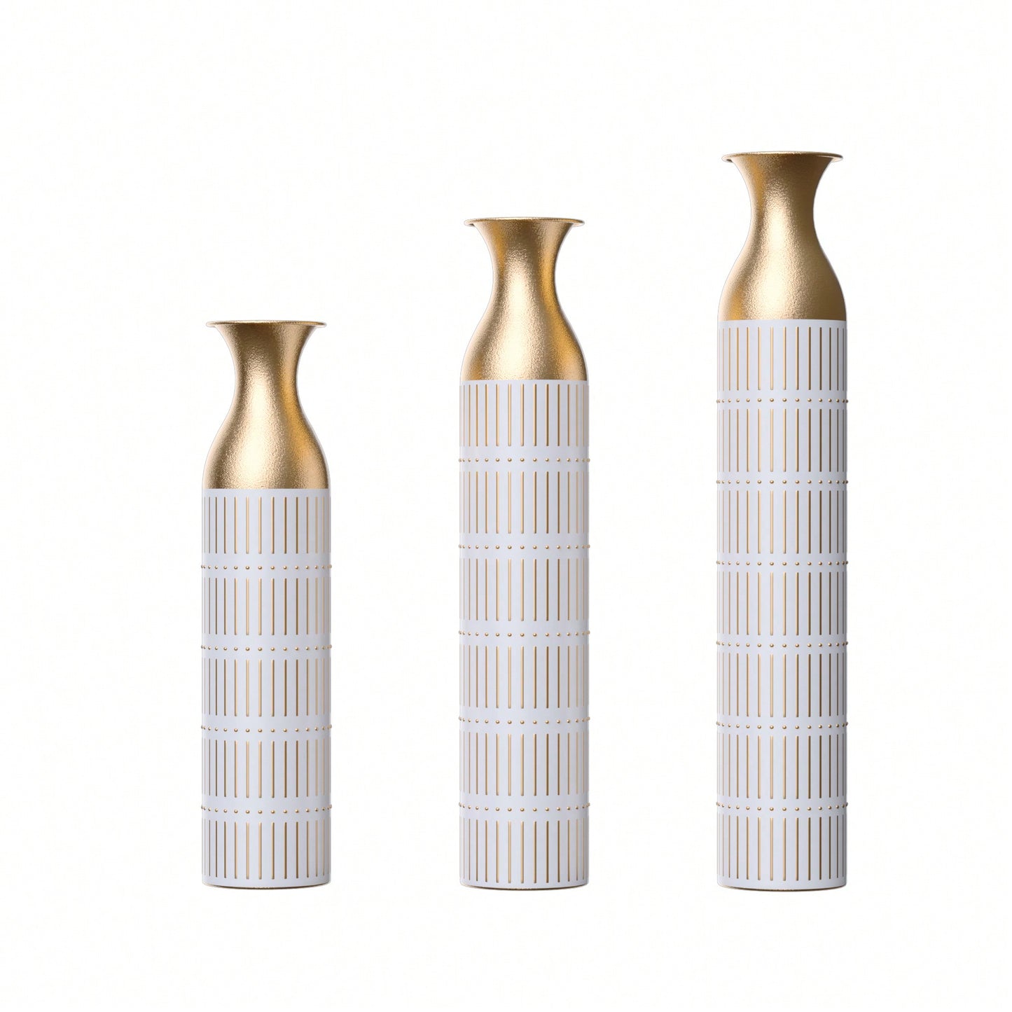 Elegant Set Of 3 Tall White Metal Vases With Gold Accents For Glamorous Home Decor - 24in, 28.7in, 33.5in Height