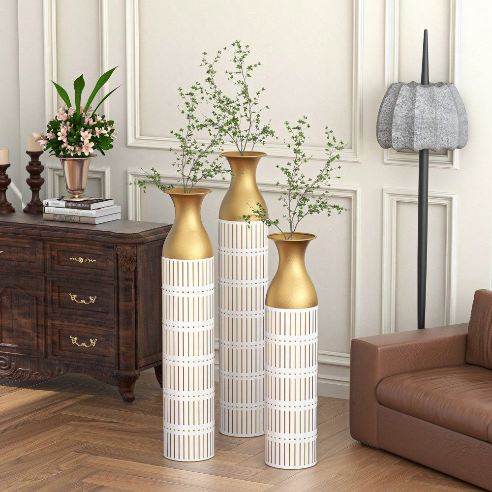 Elegant Set Of 3 Tall White Metal Vases With Gold Accents For Glamorous Home Decor - 24in, 28.7in, 33.5in Height