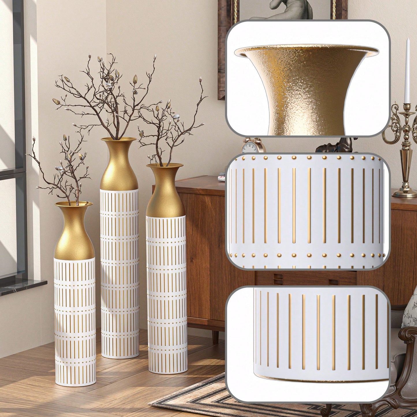 Elegant Set Of 3 Tall White Metal Vases With Gold Accents For Glamorous Home Decor - 24in, 28.7in, 33.5in Height