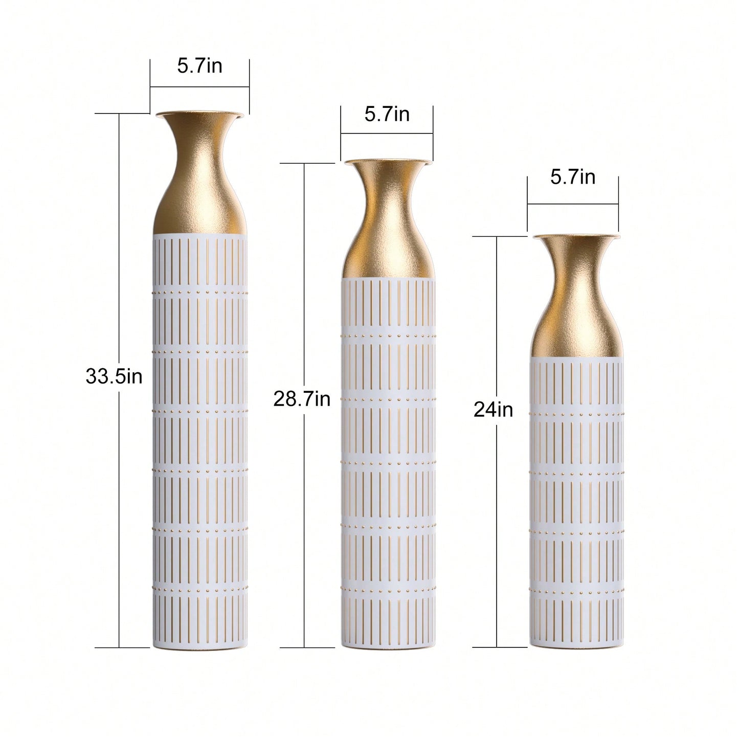 Elegant Set Of 3 Tall White Metal Vases With Gold Accents For Glamorous Home Decor - 24in, 28.7in, 33.5in Height