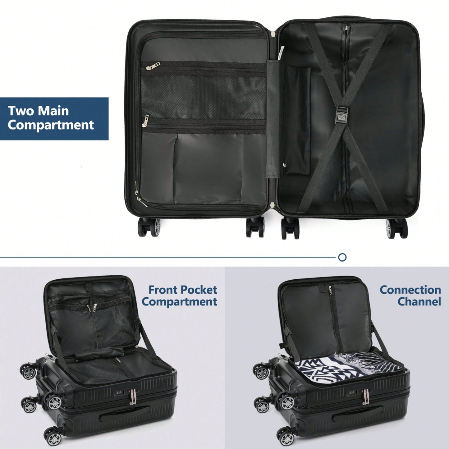 Lightweight 20 Inch Carry-On Luggage With Front Pocket USB Port And TSA Combination Lock, Ideal For Short Business Trips