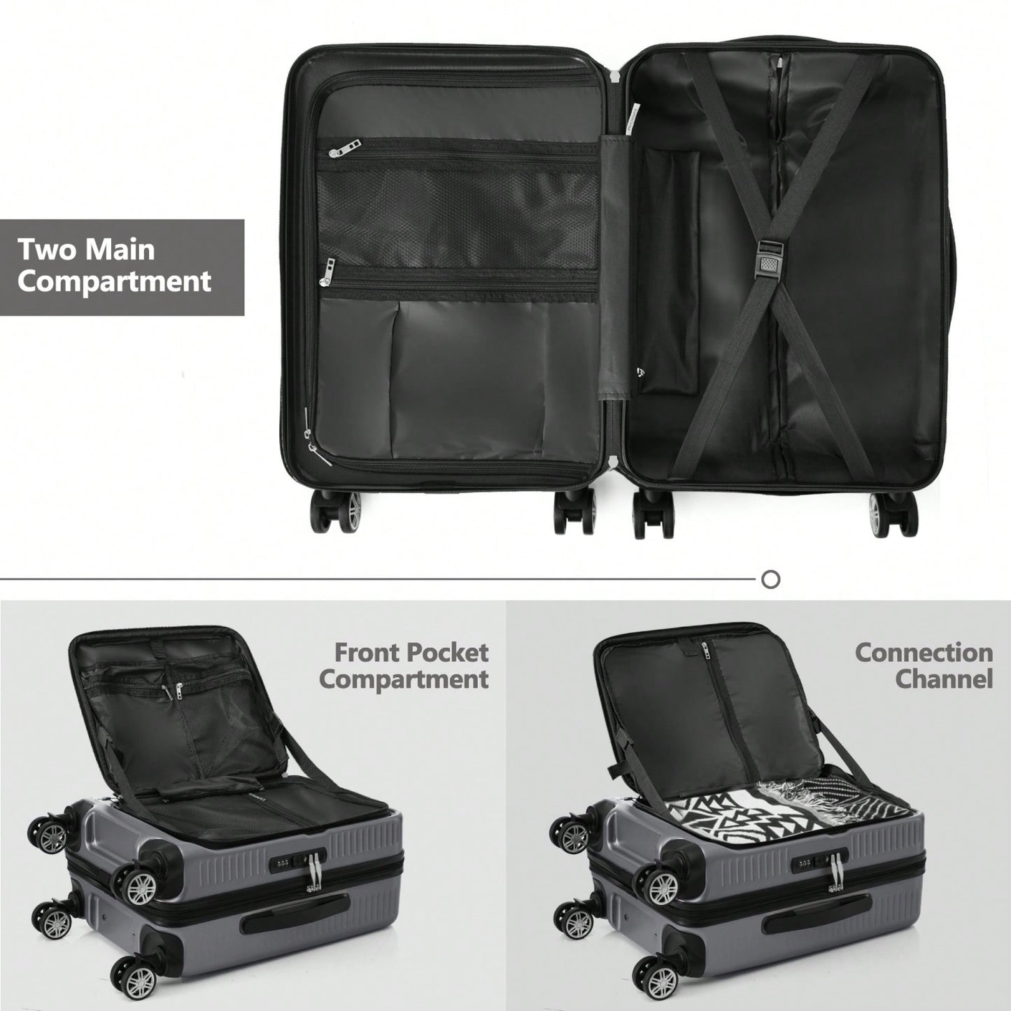 Lightweight 20 Inch Carry-On Luggage With Front Pocket USB Port And TSA Combination Lock, Ideal For Short Business Trips