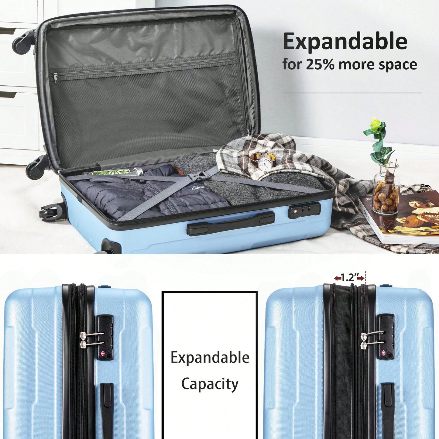 Expandable Lightweight 2-Piece Luggage Set With TSA Lock 20inch And 24inch Hard Shell Suitcases With 360° Spinner Wheels