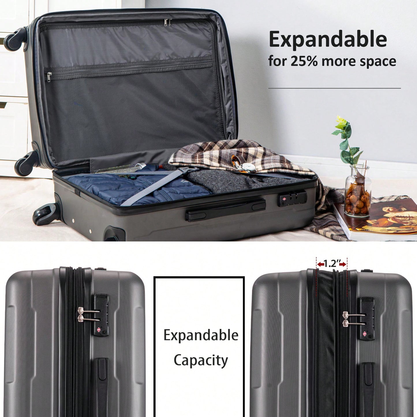 Expandable Lightweight 2-Piece Luggage Set With TSA Lock 20inch And 24inch Hard Shell Suitcases With 360° Spinner Wheels