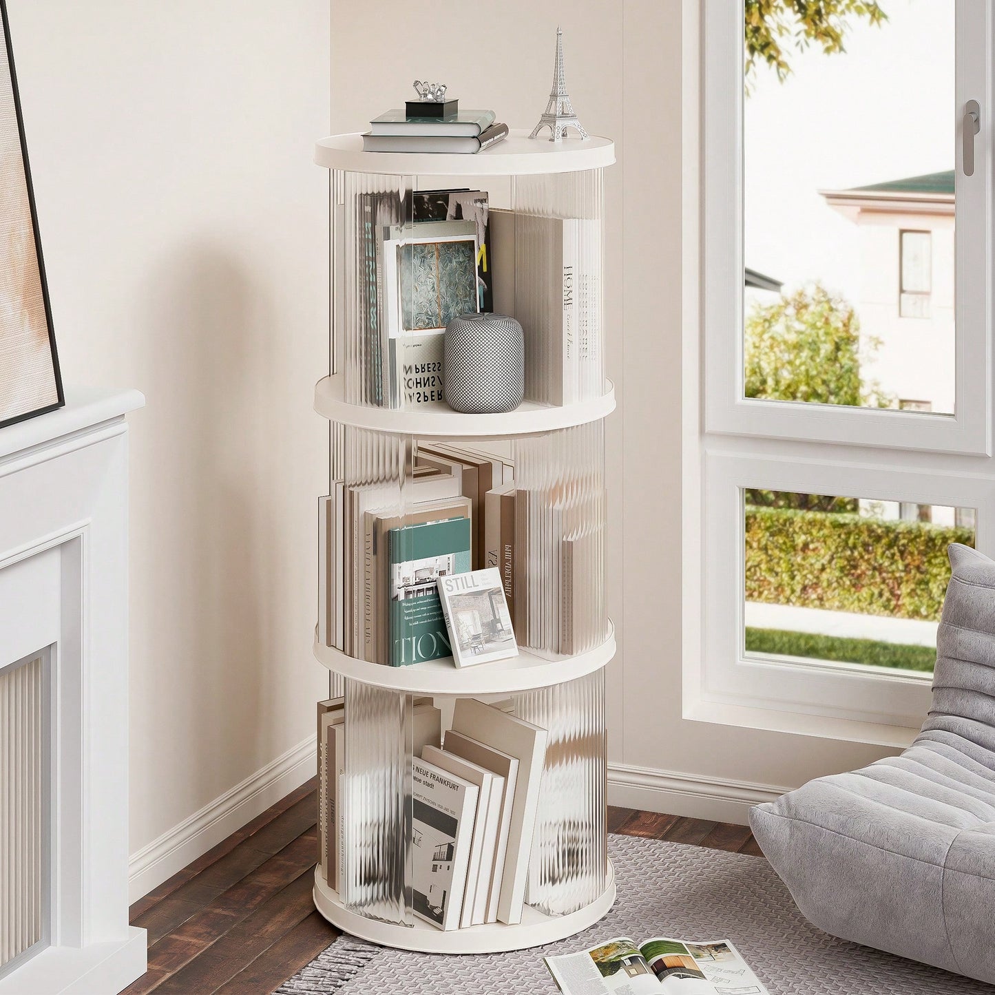 360° Rotating Corner Bookshelf for Kids and Adults Space-Saving 3 Tier Organizer Lightweight Modern Design White