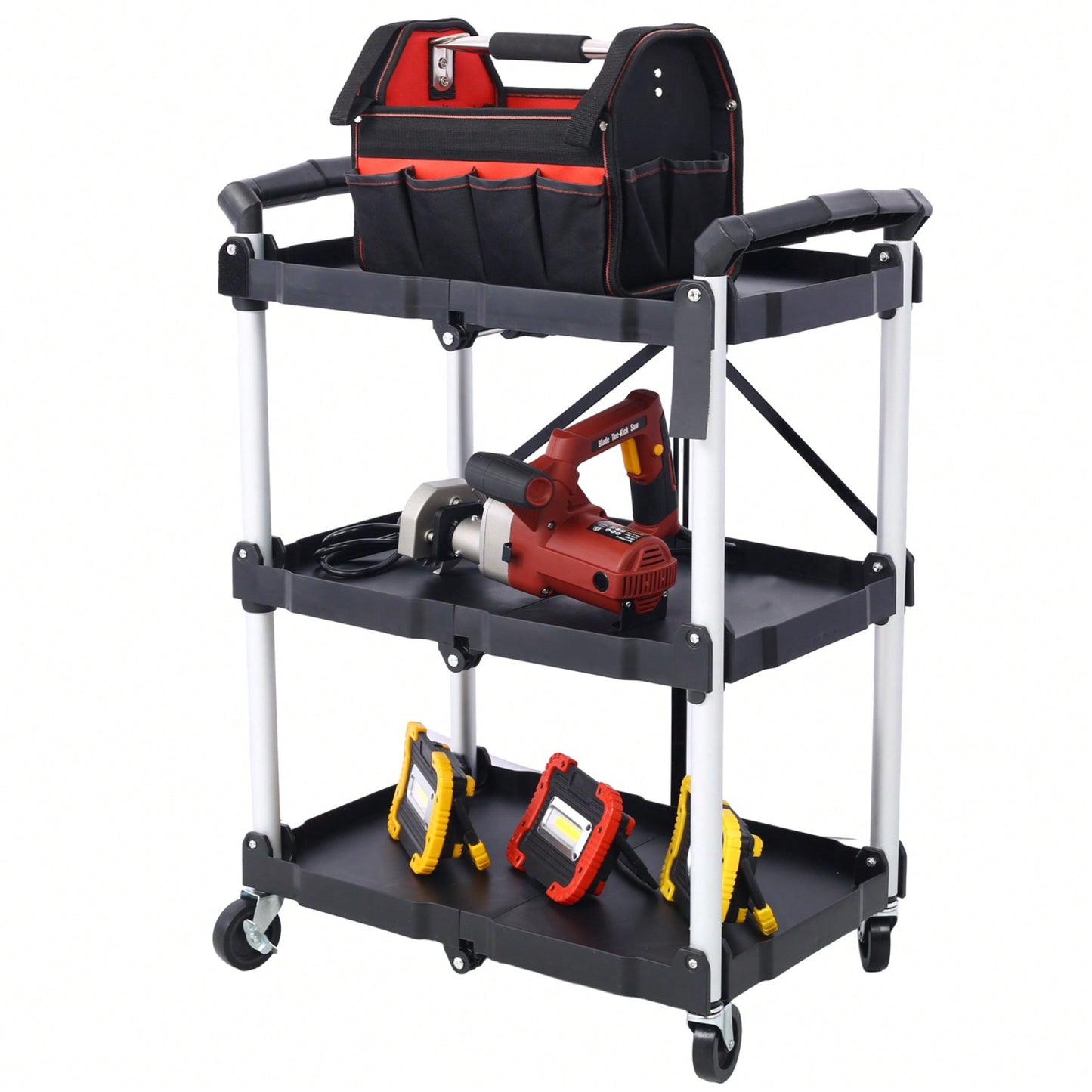 3 Layer Folding Collapsible Service Cart With 150 Lb Load Capacity Portable And Durable Storage Solution For Tools And Equipment