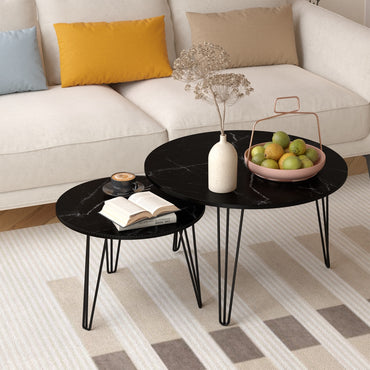 27.56 Inch Round Nesting Coffee Table Set Of 2 With Marble Top And Sturdy Metal Base For Living Room And Bedroom Black