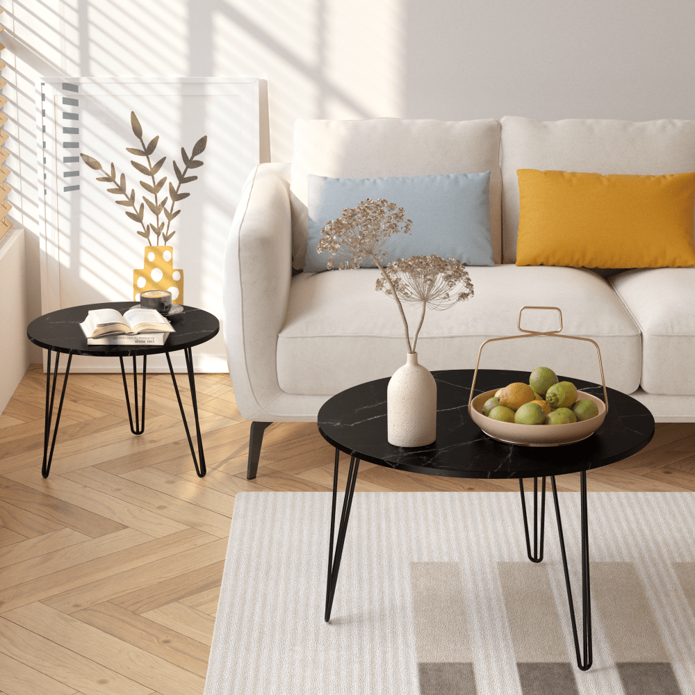 27.56 Inch Round Nesting Coffee Table Set Of 2 With Marble Top And Sturdy Metal Base For Living Room And Bedroom Black