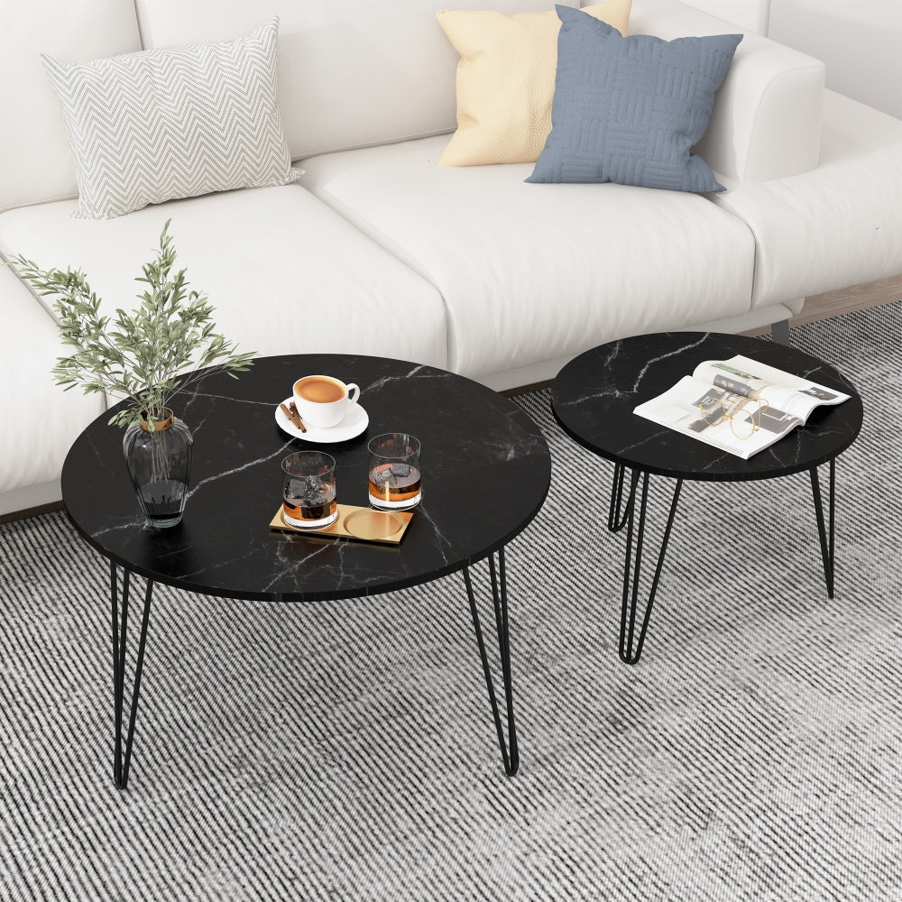 27.56 Inch Round Nesting Coffee Table Set Of 2 With Marble Top And Sturdy Metal Base For Living Room And Bedroom Black