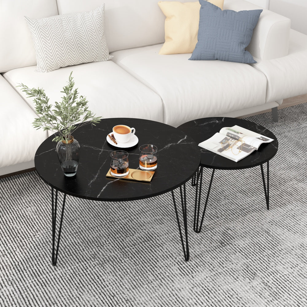 27.56 Inch Round Nesting Coffee Table Set Of 2 With Marble Top And Sturdy Metal Base For Living Room And Bedroom Black