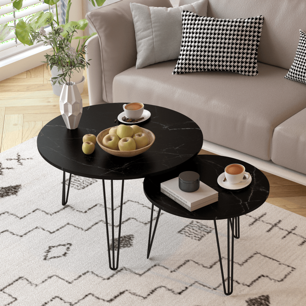 27.56 Inch Round Nesting Coffee Table Set Of 2 With Marble Top And Sturdy Metal Base For Living Room And Bedroom Black