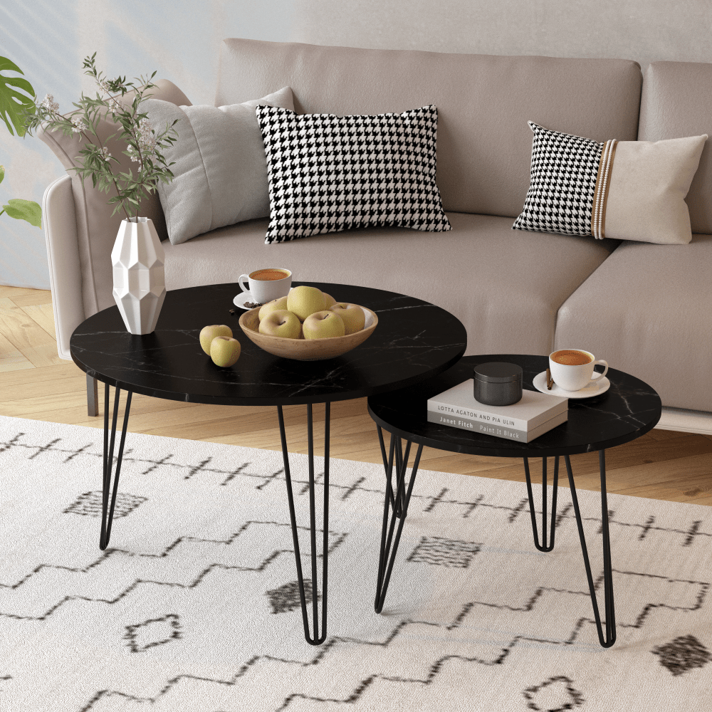 27.56 Inch Round Nesting Coffee Table Set Of 2 With Marble Top And Sturdy Metal Base For Living Room And Bedroom Black