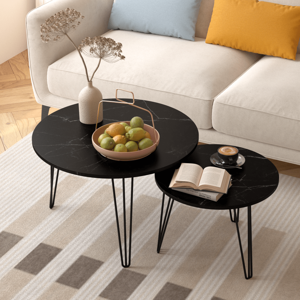 27.56 Inch Round Nesting Coffee Table Set Of 2 With Marble Top And Sturdy Metal Base For Living Room And Bedroom Black