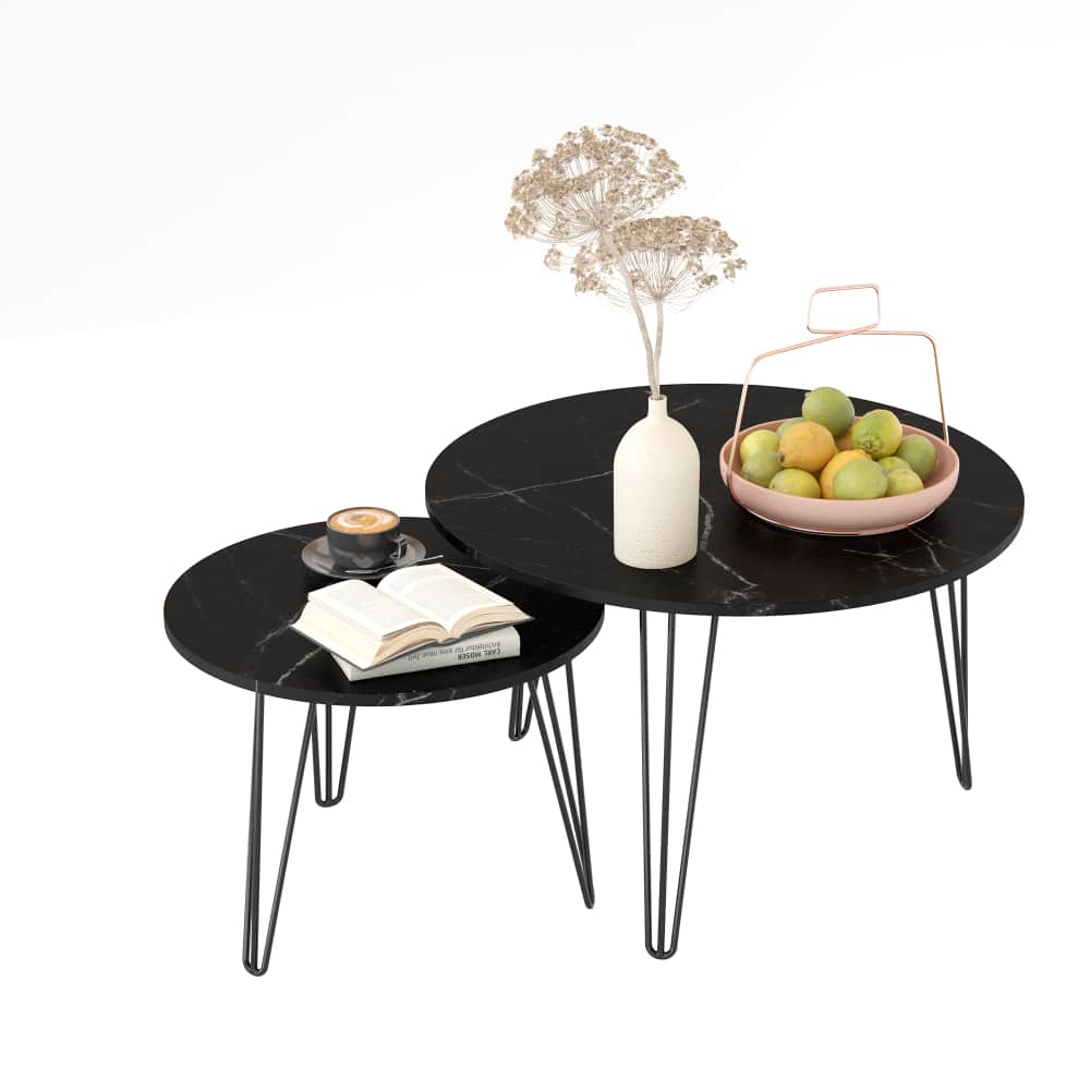 27.56 Inch Round Nesting Coffee Table Set Of 2 With Marble Top And Sturdy Metal Base For Living Room And Bedroom Black