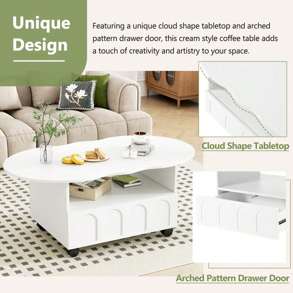 Cloud Shaped Coffee Table With Storage Drawer And Wheels For Living Room