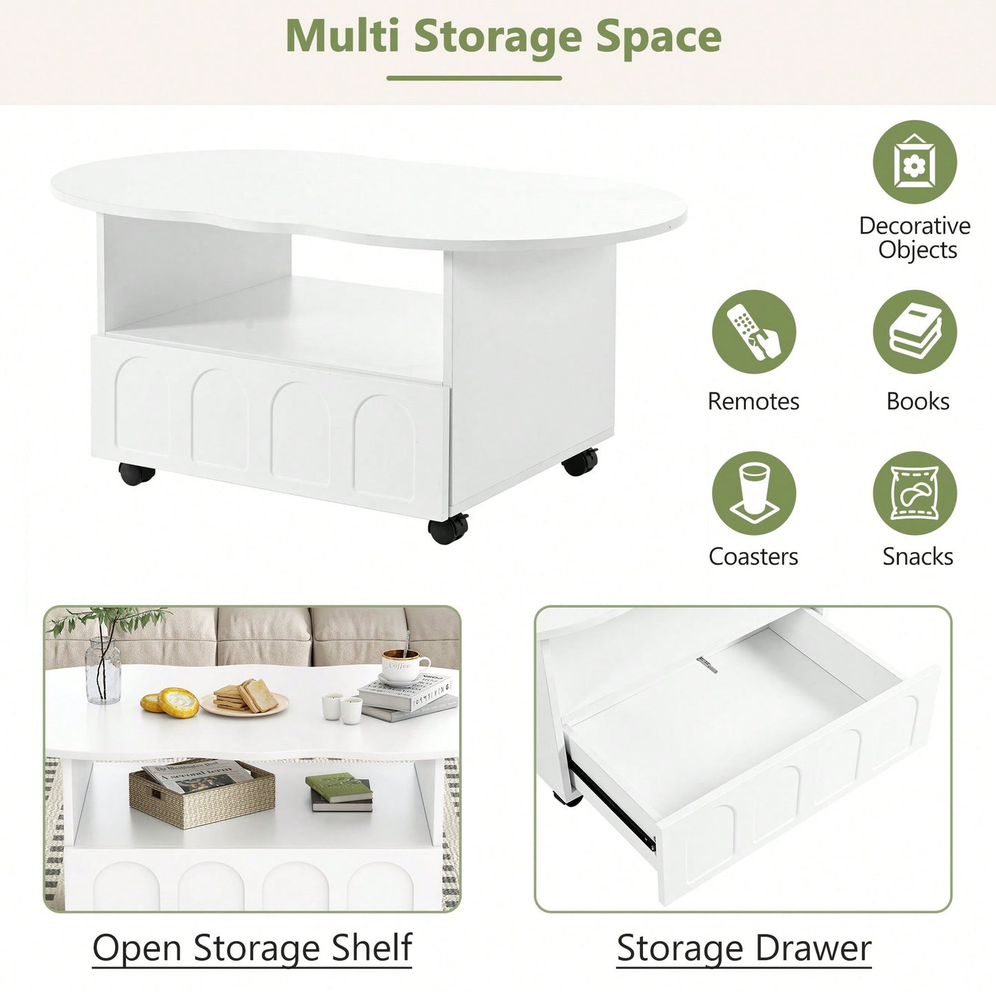 Cloud Shaped Coffee Table With Storage Drawer And Wheels For Living Room