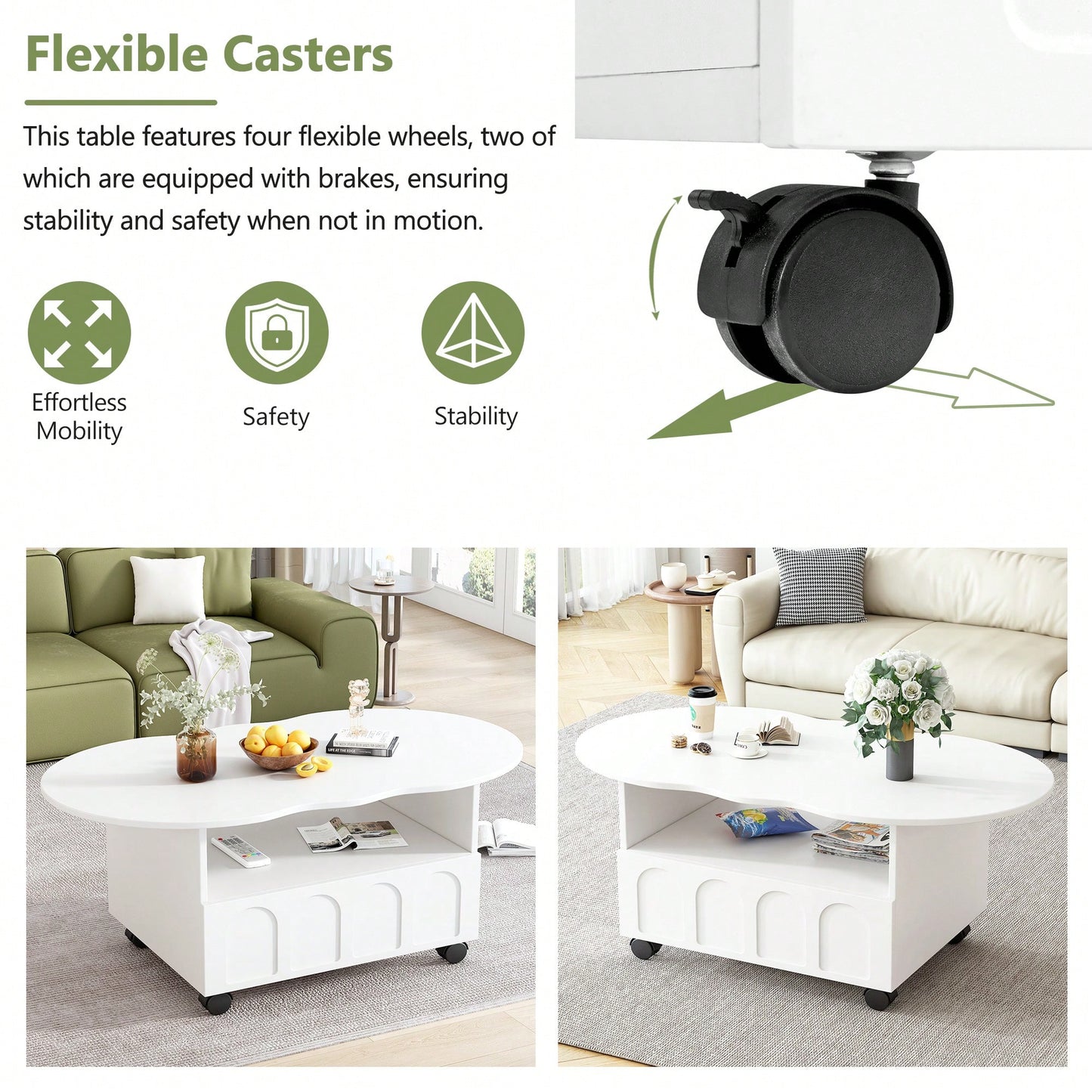 Cloud Shaped Coffee Table With Storage Drawer And Wheels For Living Room
