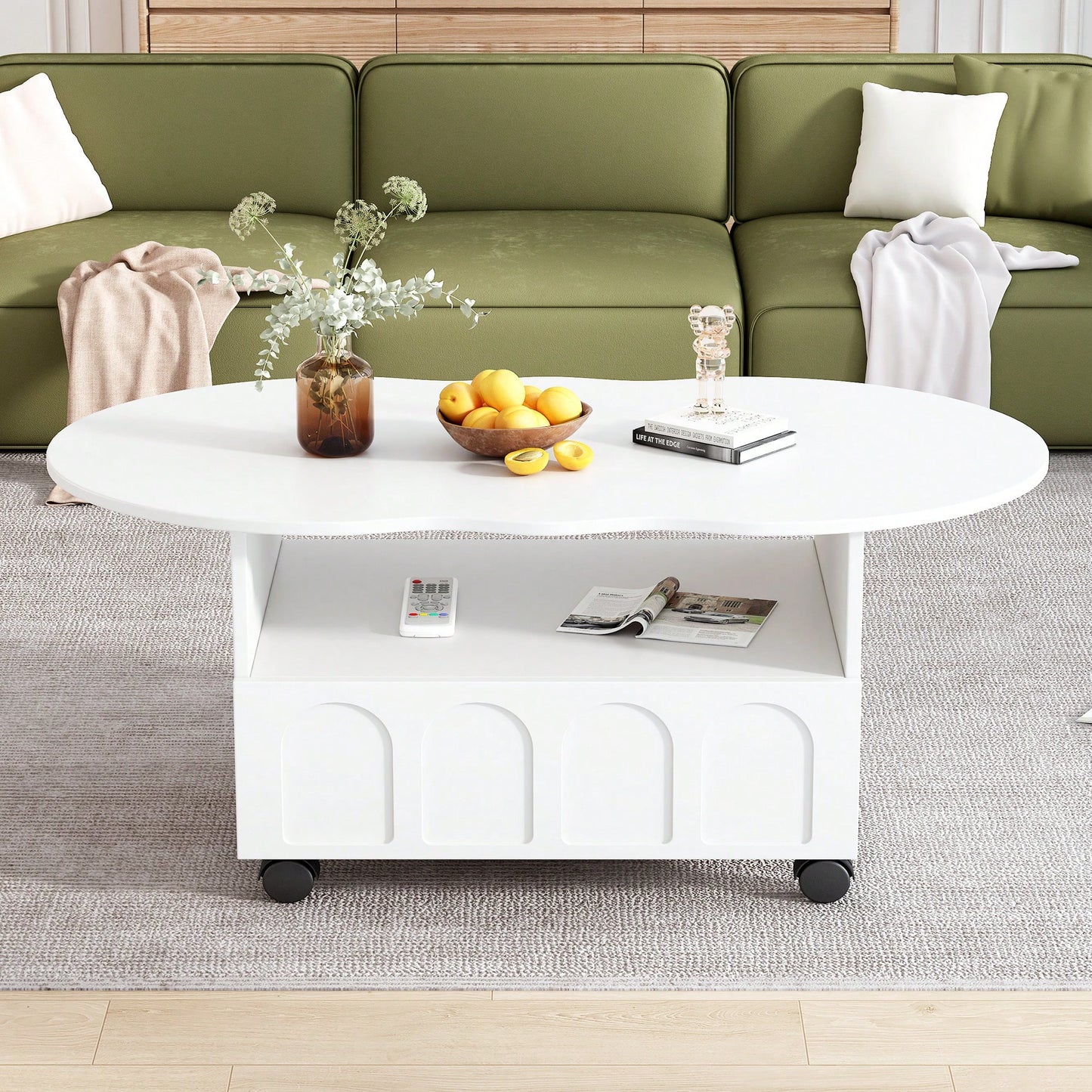 Cloud Shaped Coffee Table With Storage Drawer And Wheels For Living Room