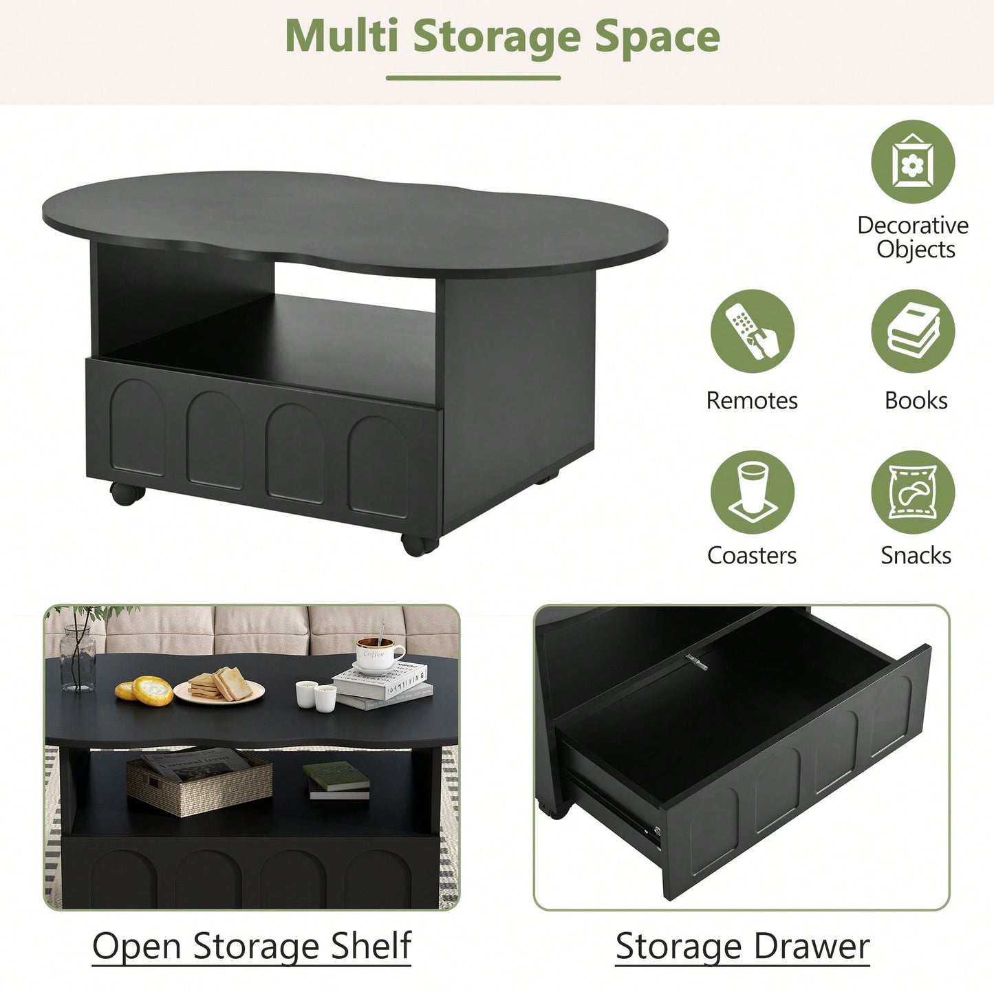 Cloud Shaped Coffee Table With Storage Drawer And Wheels For Living Room