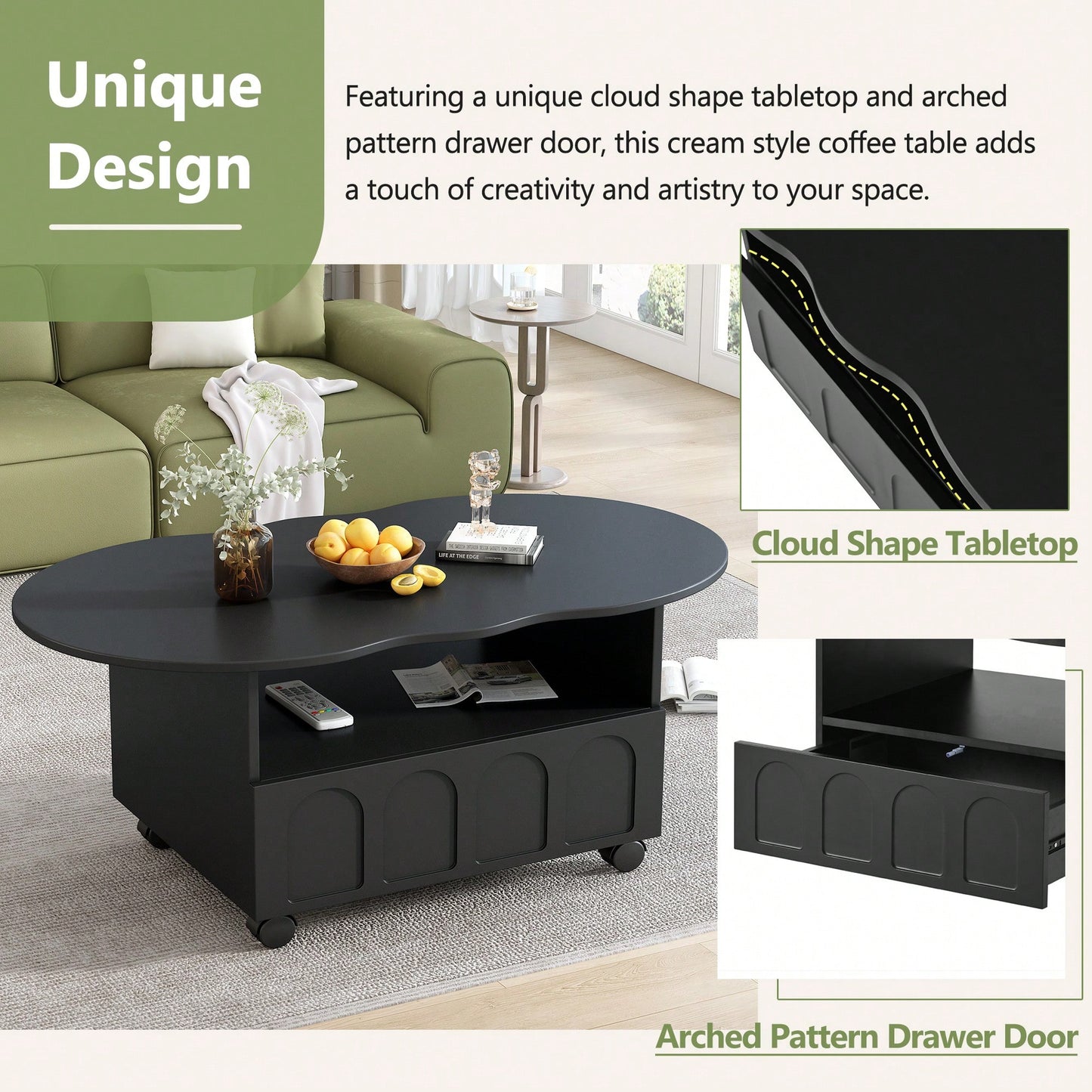 Cloud Shaped Coffee Table With Storage Drawer And Wheels For Living Room