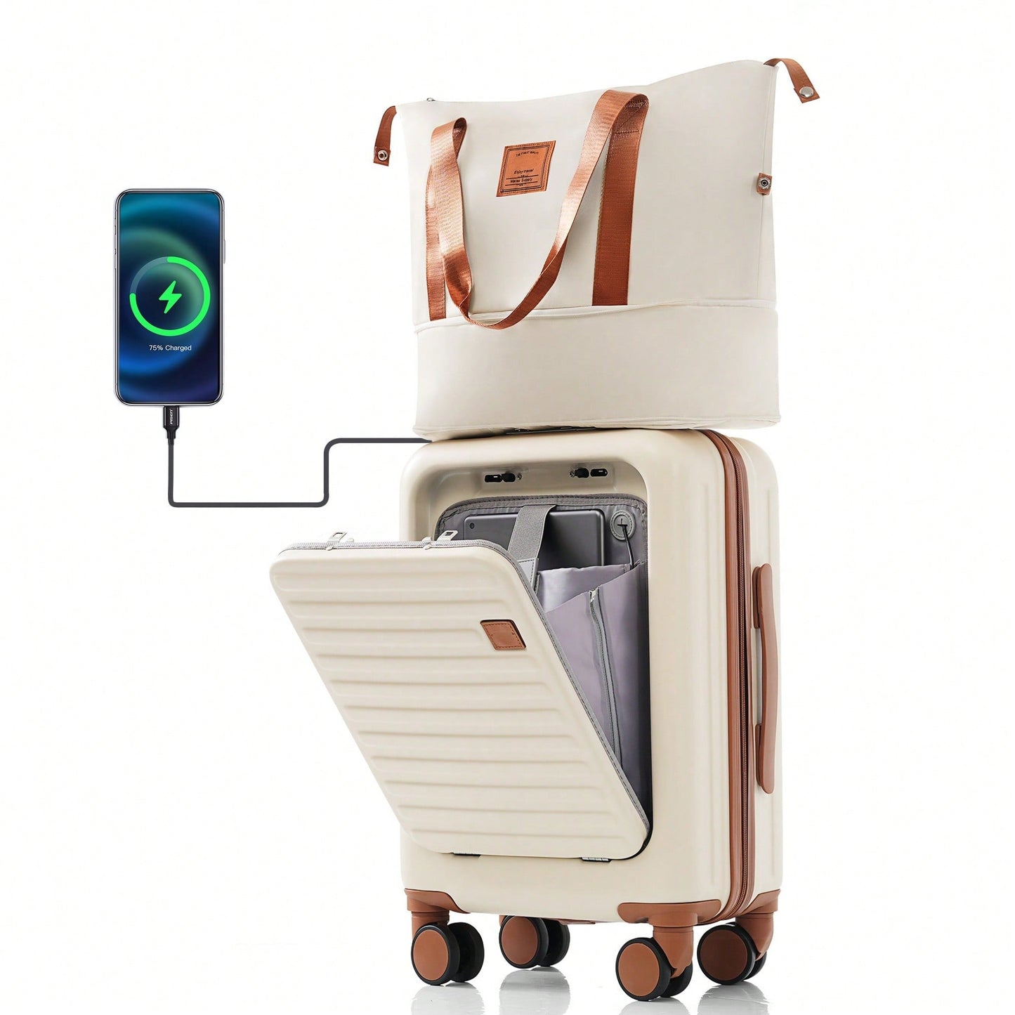 20-Inch Expandable Carry-On Luggage Set With Travel Bag USB Port Cup Holder
