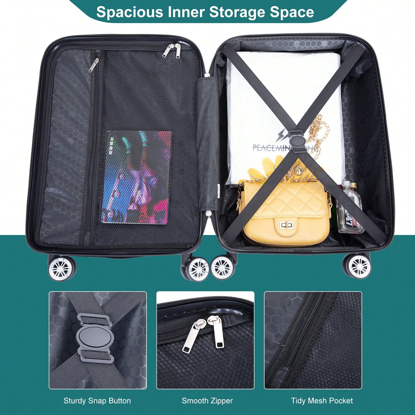 Lightweight 2 Piece ABS Luggage Set With 20 Inch Carry-On And 14 Inch Cosmetic Case, 360° Spinner Wheels For Easy Maneuverability