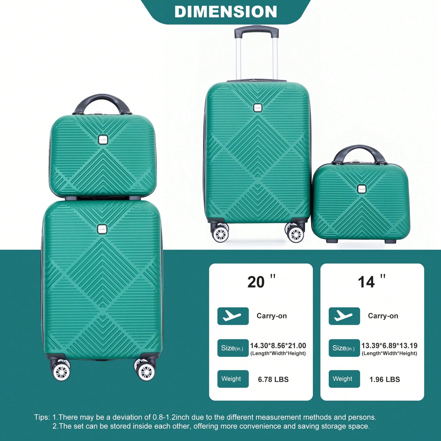 Lightweight 2 Piece ABS Luggage Set With 20 Inch Carry-On And 14 Inch Cosmetic Case, 360° Spinner Wheels For Easy Maneuverability