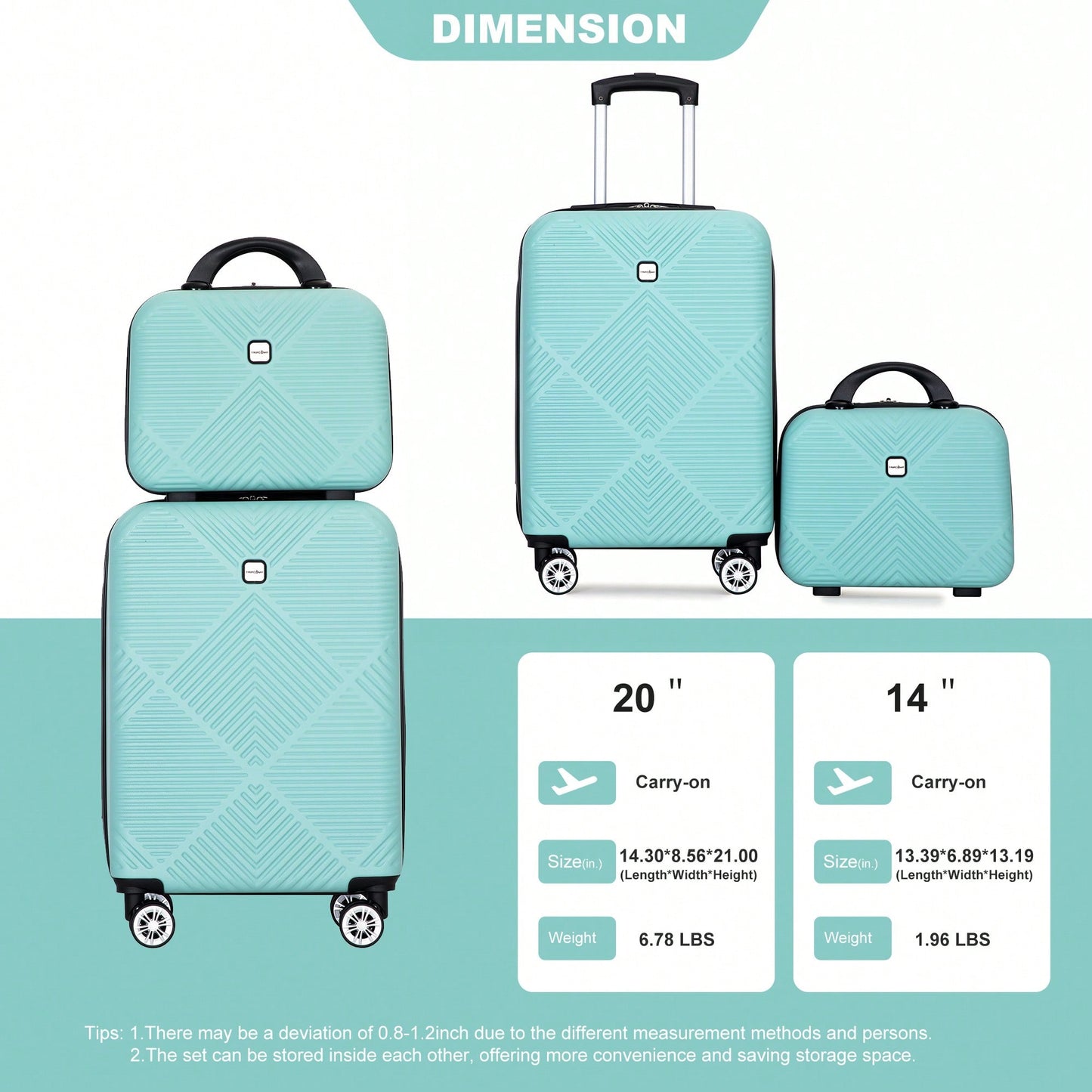 Lightweight 2 Piece ABS Luggage Set With 20 Inch Carry-On And 14 Inch Cosmetic Case, 360° Spinner Wheels For Easy Maneuverability