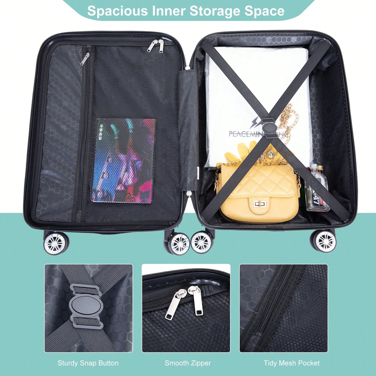Lightweight 2 Piece ABS Luggage Set With 20 Inch Carry-On And 14 Inch Cosmetic Case, 360° Spinner Wheels For Easy Maneuverability