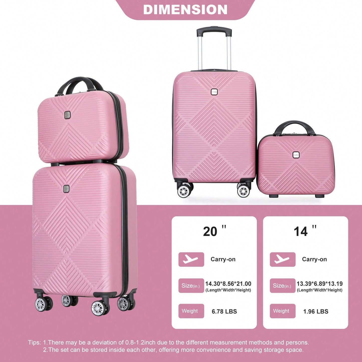 Lightweight 2 Piece ABS Luggage Set With 20 Inch Carry-On And 14 Inch Cosmetic Case, 360° Spinner Wheels For Easy Maneuverability