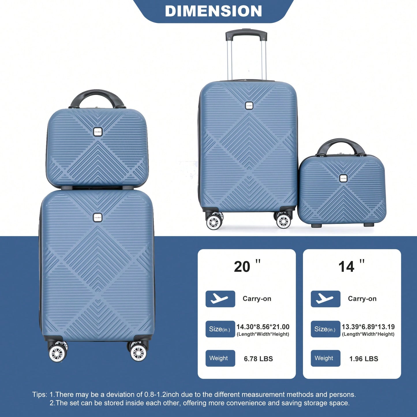 Lightweight 2 Piece ABS Luggage Set With 20 Inch Carry-On And 14 Inch Cosmetic Case, 360° Spinner Wheels For Easy Maneuverability