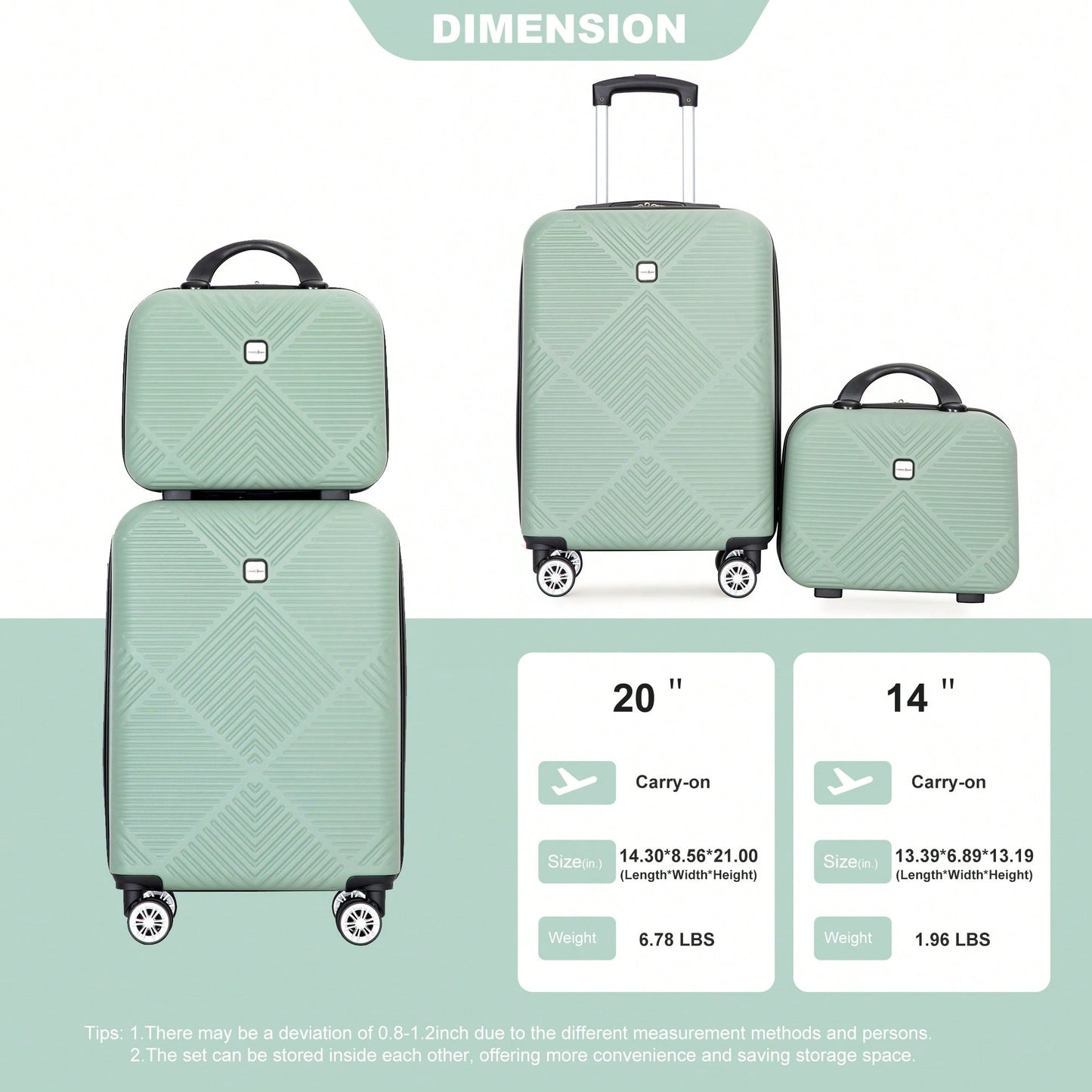 Lightweight 2 Piece ABS Luggage Set With 20 Inch Carry-On And 14 Inch Cosmetic Case, 360° Spinner Wheels For Easy Maneuverability