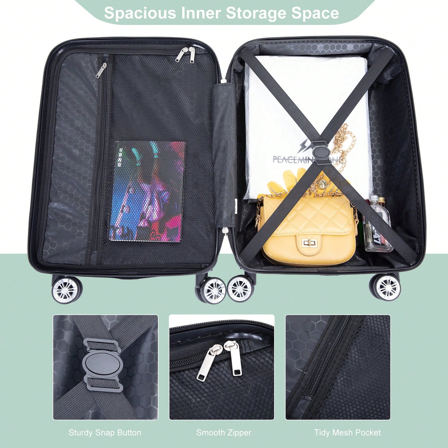 Lightweight 2 Piece ABS Luggage Set With 20 Inch Carry-On And 14 Inch Cosmetic Case, 360° Spinner Wheels For Easy Maneuverability