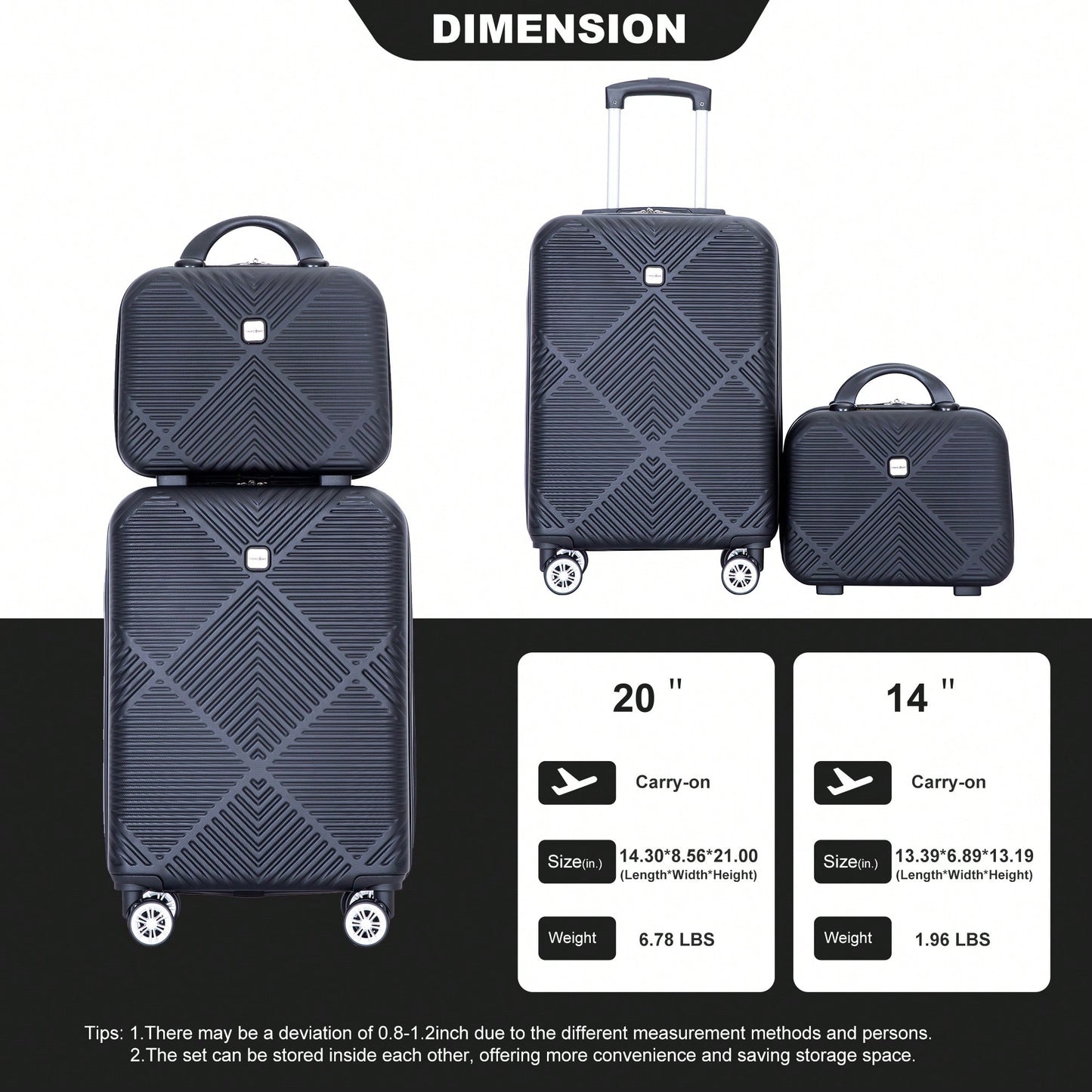 Lightweight 2 Piece ABS Luggage Set With 20 Inch Carry-On And 14 Inch Cosmetic Case, 360° Spinner Wheels For Easy Maneuverability