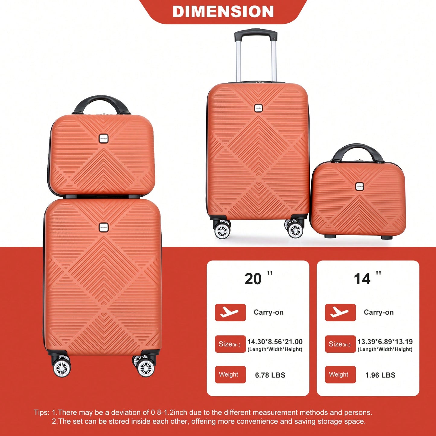 Lightweight 2 Piece ABS Luggage Set With 20 Inch Carry-On And 14 Inch Cosmetic Case, 360° Spinner Wheels For Easy Maneuverability