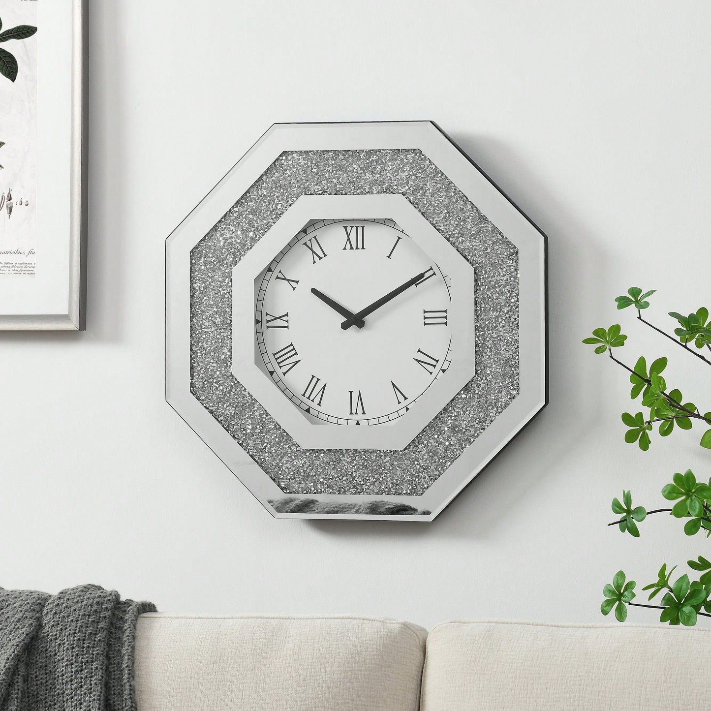Octagonal Mirror Wall Clock With Roman Numerals And Faux Gemstone Inlay, Modern Glam Design, 20x20 Inches