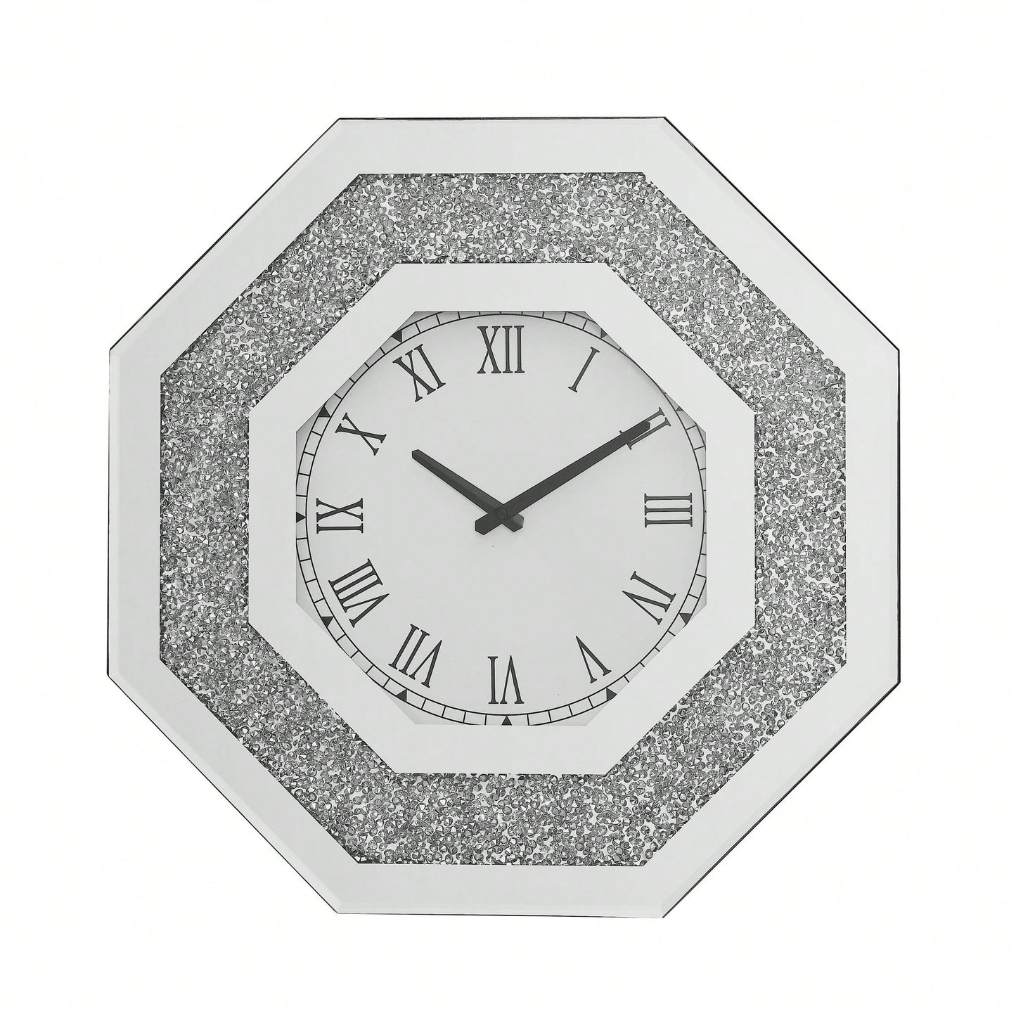 Octagonal Mirror Wall Clock With Roman Numerals And Faux Gemstone Inlay, Modern Glam Design, 20x20 Inches