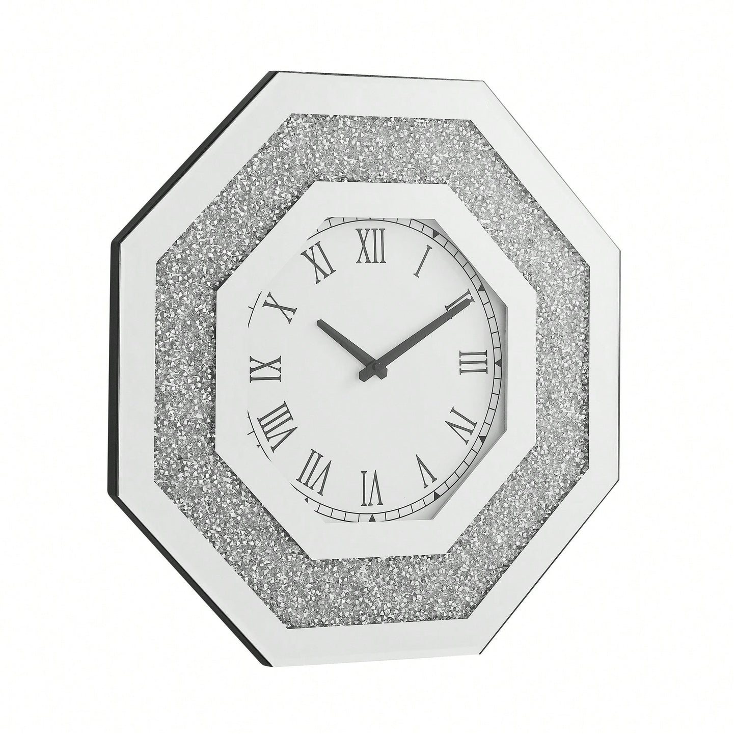 Octagonal Mirror Wall Clock With Roman Numerals And Faux Gemstone Inlay, Modern Glam Design, 20x20 Inches