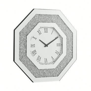 Octagonal Mirror Wall Clock With Roman Numerals And Faux Gemstone Inlay, Modern Glam Design, 20x20 Inches