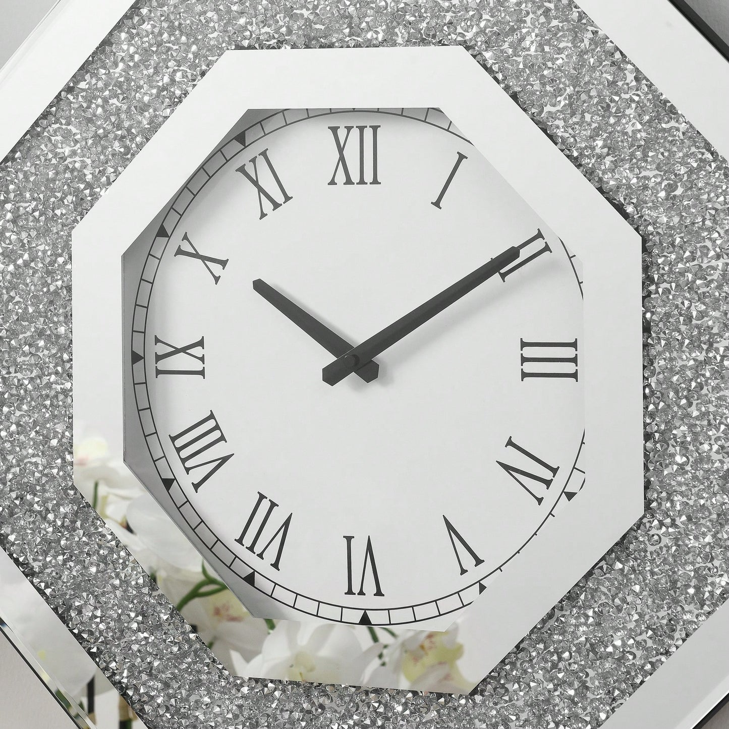 Octagonal Mirror Wall Clock With Roman Numerals And Faux Gemstone Inlay, Modern Glam Design, 20x20 Inches