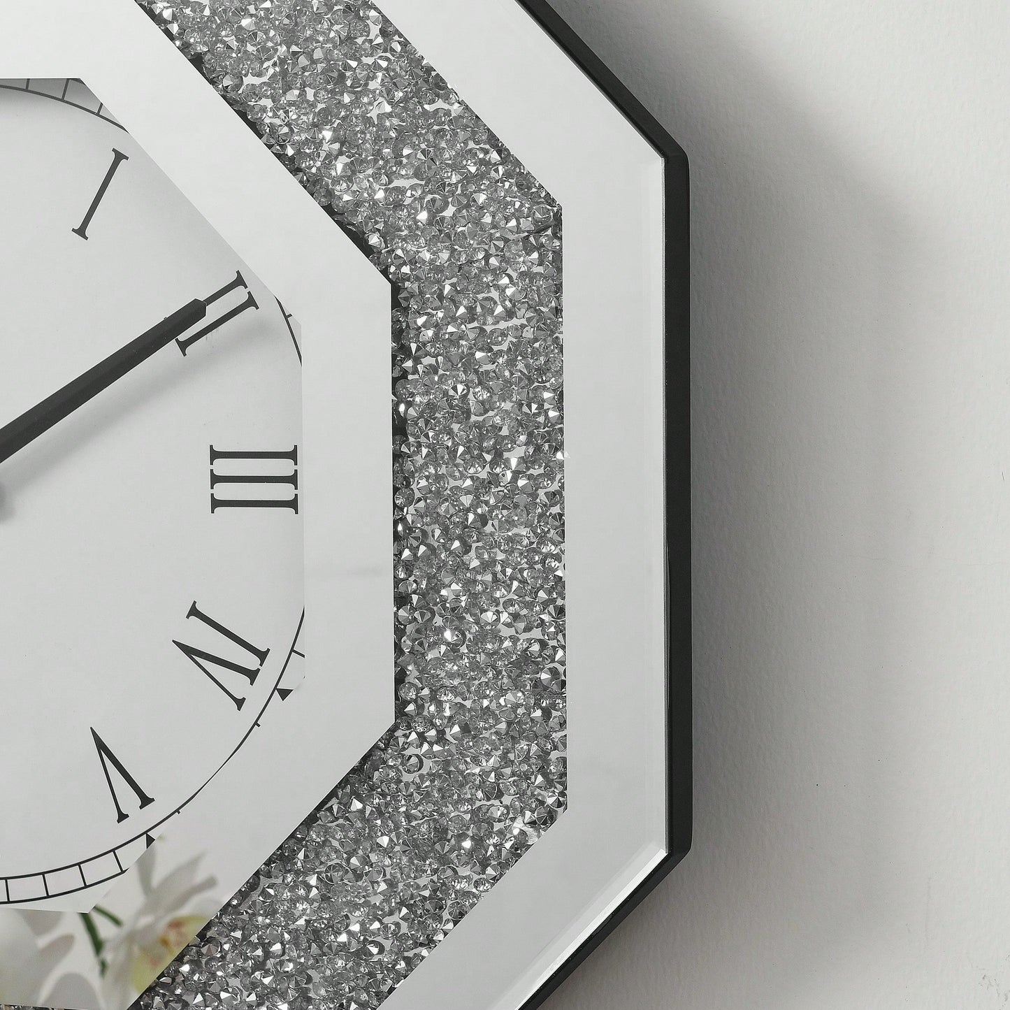 Octagonal Mirror Wall Clock With Roman Numerals And Faux Gemstone Inlay, Modern Glam Design, 20x20 Inches