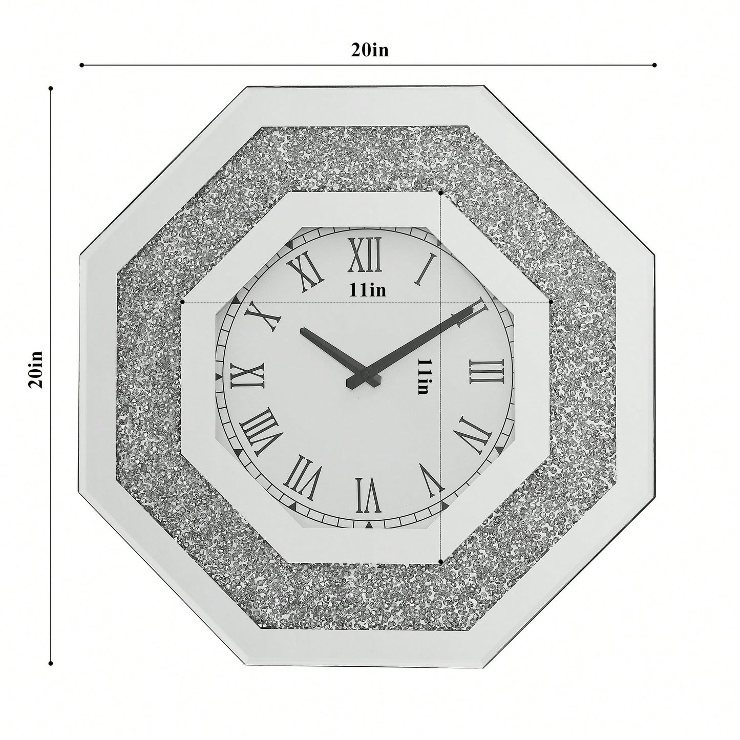 Octagonal Mirror Wall Clock With Roman Numerals And Faux Gemstone Inlay, Modern Glam Design, 20x20 Inches