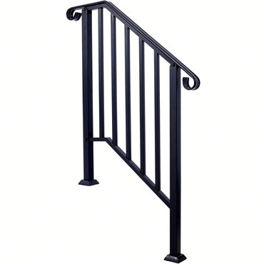 Black Powder Coated Wrought Iron Handrail for 2 or 3 Steps Easy Install Low Maintenance for Concrete and Wood Stairs