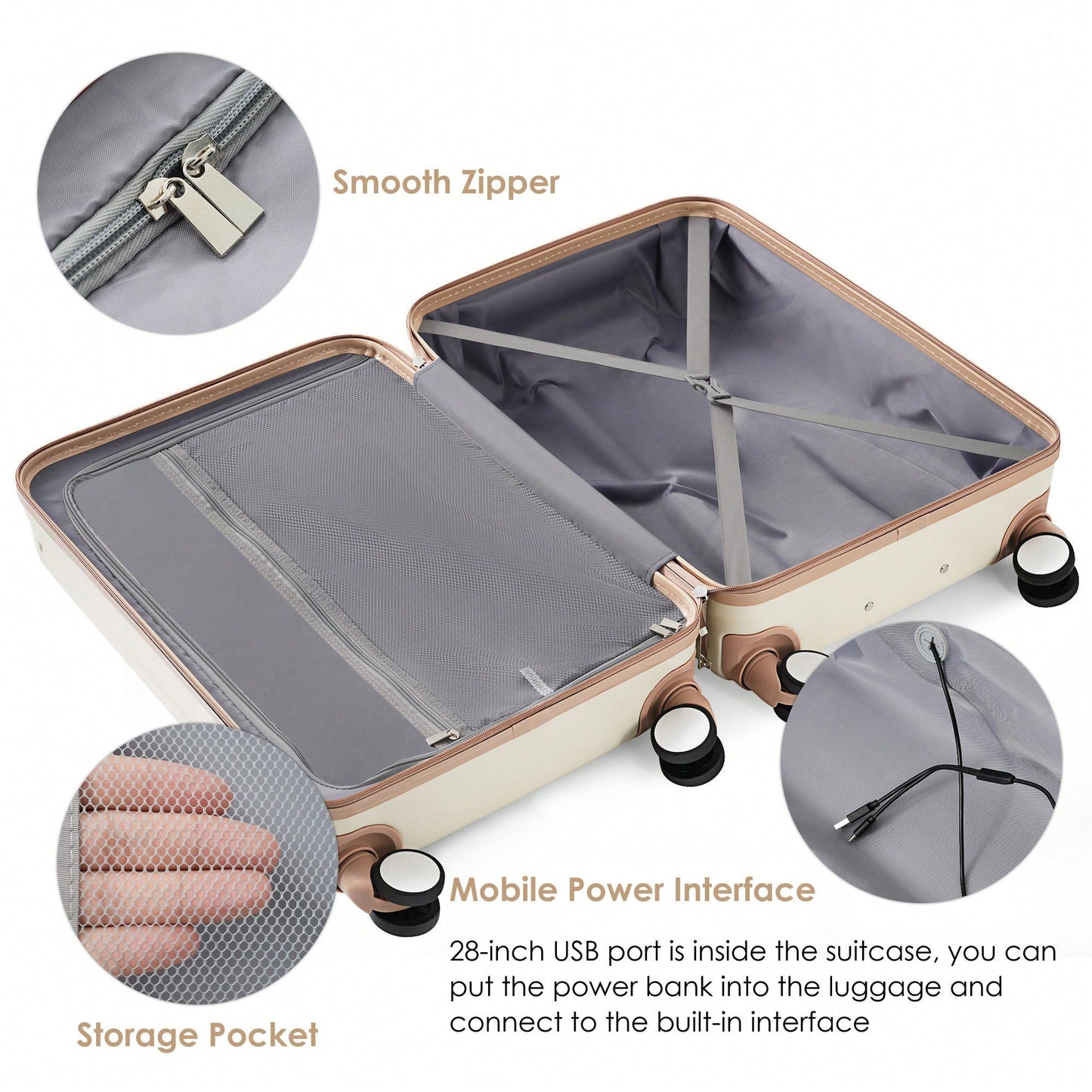 3-Piece Luggage Set With USB Port And Front Opening Design, 20, 24, 28 Inch Hard Shell Suitcases With Spinner Wheels And Cup Holder